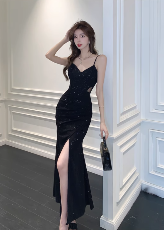 Vintage Elegant Black V-neck Black Design A-Line Sleeveless Strap Dress TP3141