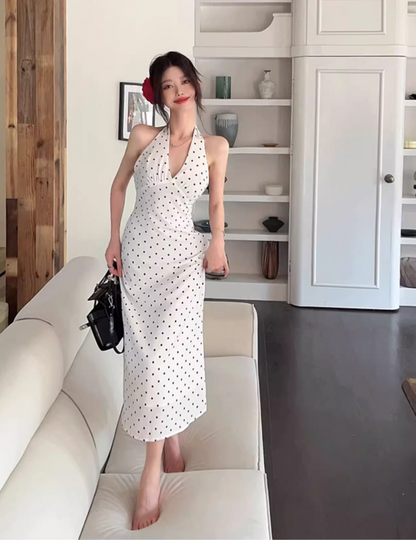 Simple V-neck Polka Dot Design A-Line Casual Long Halter Dress TP3154