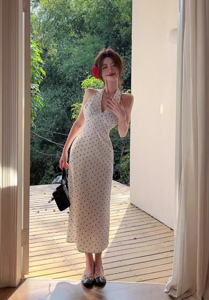 Simple V-neck Polka Dot Design A-Line Casual Long Halter Dress TP3154