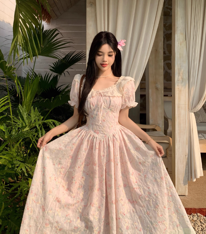 New Fashion Puffed Short Sleeve Design Pink A-line  Floral Dress TP3308
