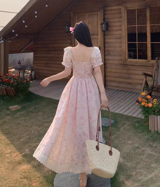 New Fashion Puffed Short Sleeve Design Pink A-line  Floral Dress TP3308