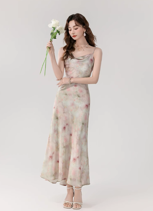 Vintage Fashion Floral Print Design A-line Long Spaghetti Strap Dress TP3333
