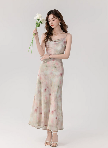 Vintage Fashion Floral Print Design A-line Long Spaghetti Strap Dress TP3333