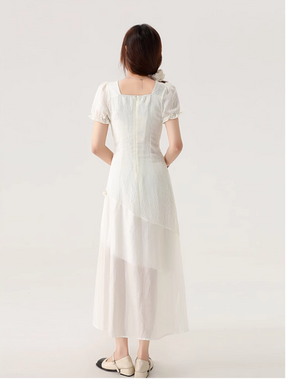 New Fashion Apricot Irregular Fringed Dress Hem Design A-line Square Collar Short-sleeved Dress TP3337