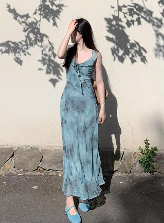 New Fashion Blue Floral Print Design Beach Holiday Long A-line Dress TP3341