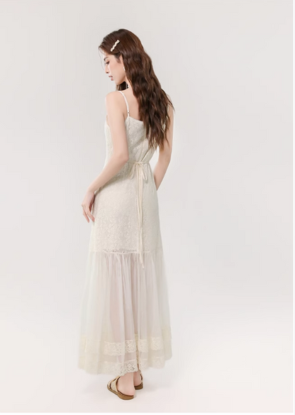 Vintage Fashion Apricot Mesh Design A-line Beach Holiday Spaghetti Strap Dress TP3348