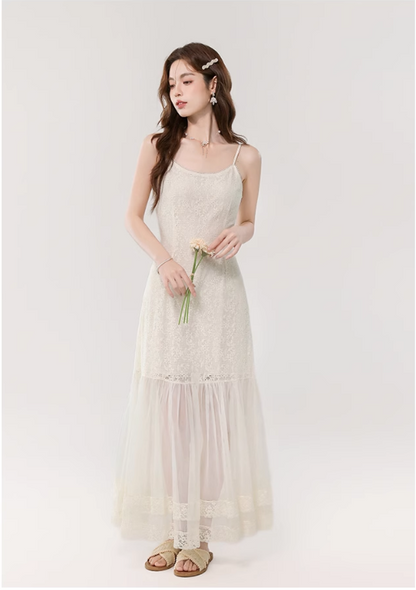 Vintage Fashion Apricot Mesh Design A-line Beach Holiday Spaghetti Strap Dress TP3348