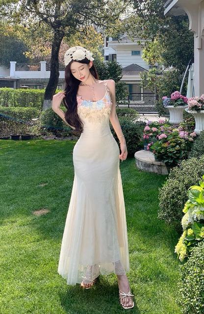Vintage Fashion Floral Mesh Design Elegant Beach Holiday Mermaid A-line Spaghetti Strap Dress TP3359