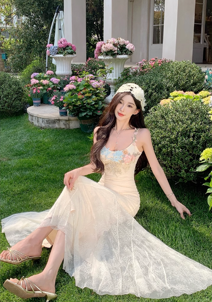Vintage Fashion Floral Mesh Design Elegant Beach Holiday Mermaid A-line Spaghetti Strap Dress TP3359