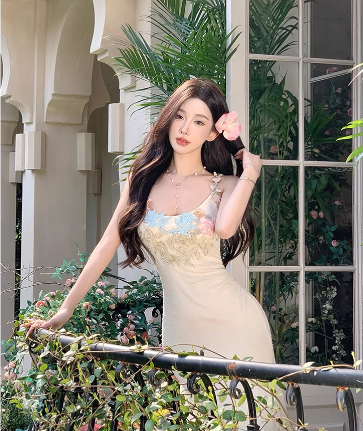Vintage Fashion Floral Mesh Design Elegant Beach Holiday Mermaid A-line Spaghetti Strap Dress TP3359