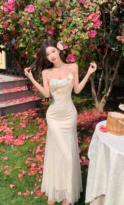 Vintage Fashion Floral Mesh Design Elegant Beach Holiday Mermaid A-line Spaghetti Strap Dress TP3359