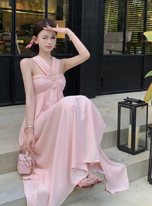 New Fashion Pearl Sequined Design A-line Sleeveless Beach Holiday Halter Dress TP3438