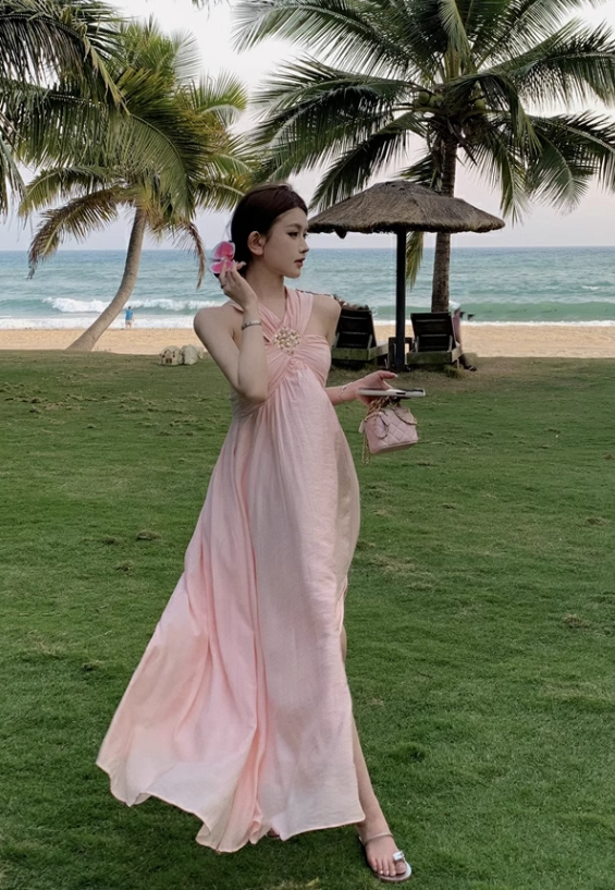New Fashion Pearl Sequined Design A-line Sleeveless Beach Holiday Halter Dress TP3438