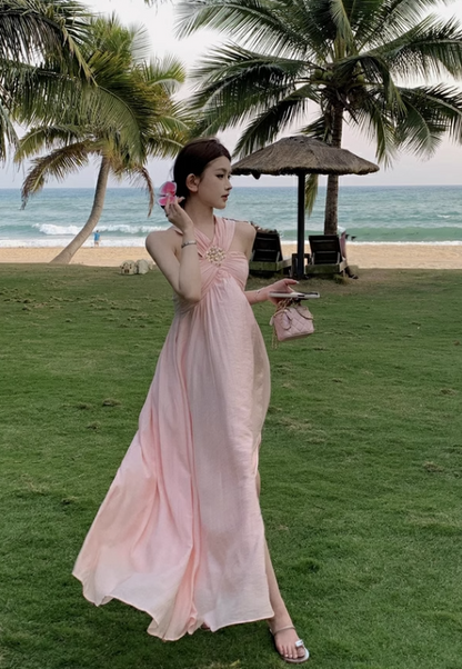 New Fashion Pearl Sequined Design A-line Sleeveless Beach Holiday Halter Dress TP3438