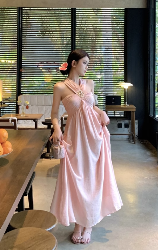 New Fashion Pearl Sequined Design A-line Sleeveless Beach Holiday Halter Dress TP3438