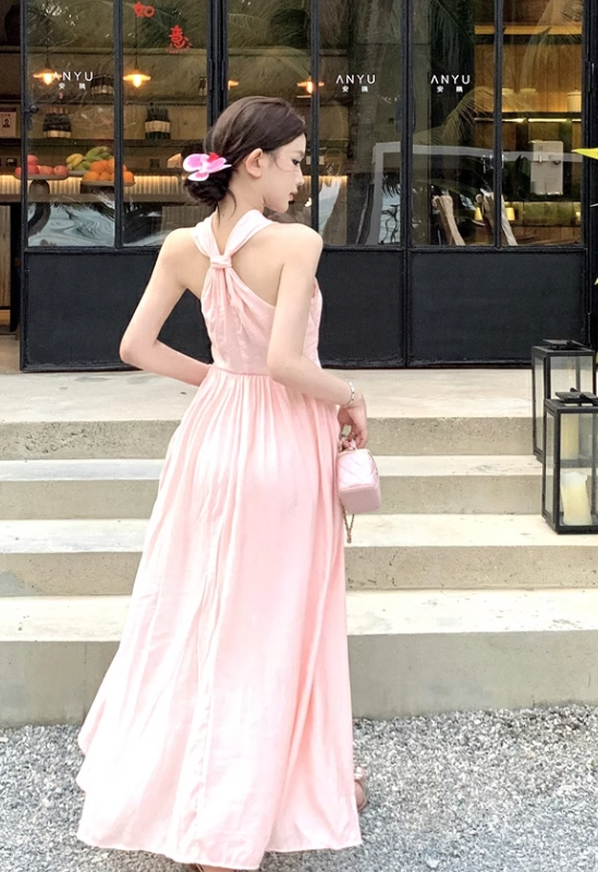 New Fashion Pearl Sequined Design A-line Sleeveless Beach Holiday Halter Dress TP3438