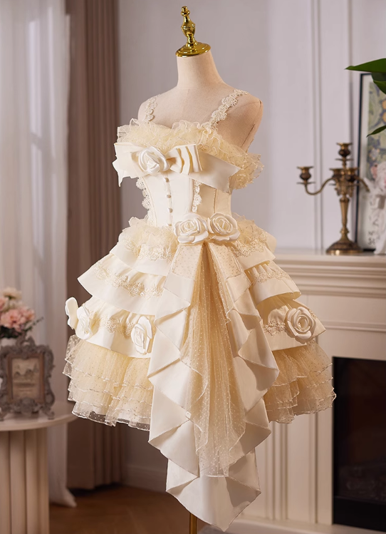 Elegant Pink 3D Flowers Irregular Hem Design Lace Strap Tiered Homecoming Dress TP3467