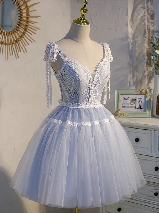 Charming Light Blue Lace-edge Design Mesh Spaghetti Strap Homecoming Dress TP3474