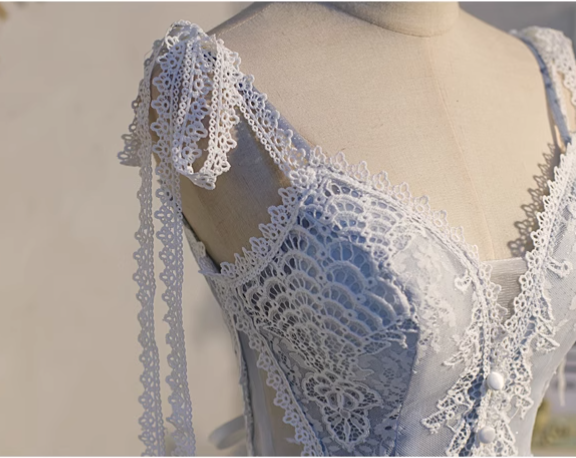 Charming Light Blue Lace-edge Design Mesh Spaghetti Strap Homecoming Dress TP3474