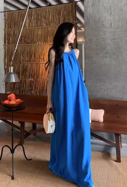 New Fashion Navy Blue Sleeveless Design A-line Beach Holiday Halter Dress TP3517