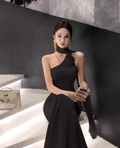 Simple Fashion 3D Flower Mermaid Design Prom Dress Elegant A-line Halter Dress TP3526
