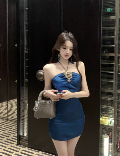 Vintage Navy Blue Satin Beading Design A-line Halter Homecoming Dress TP3717