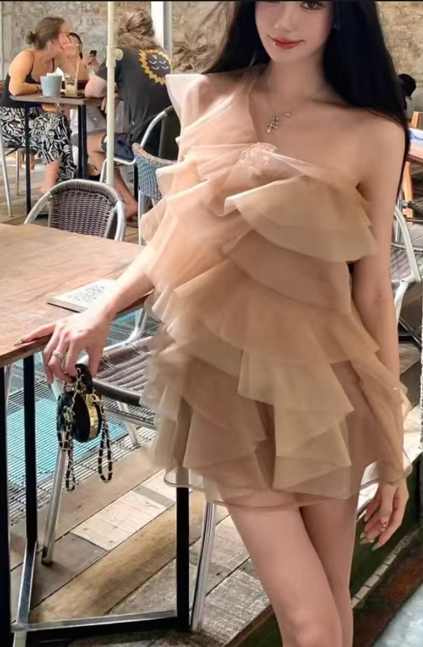 Retro Champagne 3D Flower Design Tulle Design A-line Short Party Dress Homecoming Dresses TP3942