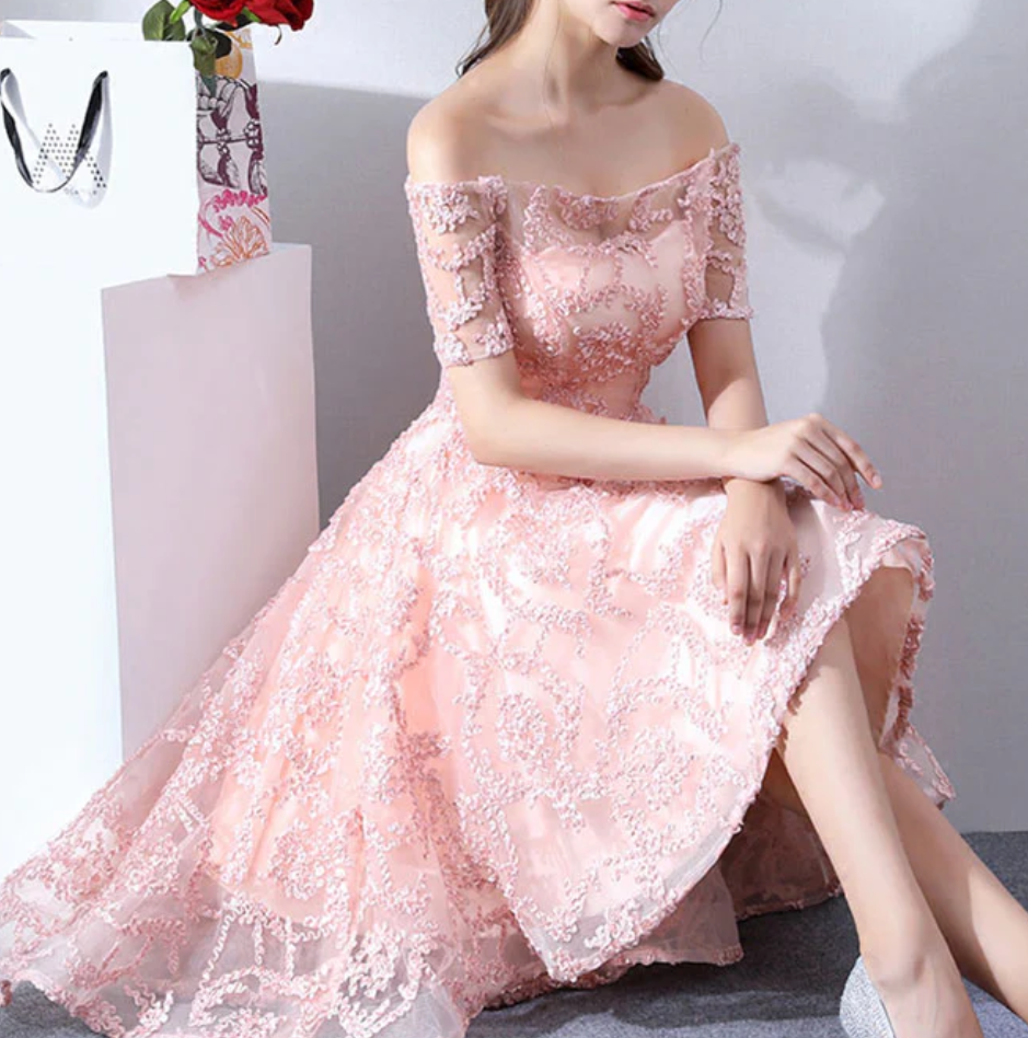 Vintage Pink Applique Off-the-shoulder Design A-line Tulle Party Dress Homecoming Dress TP4064