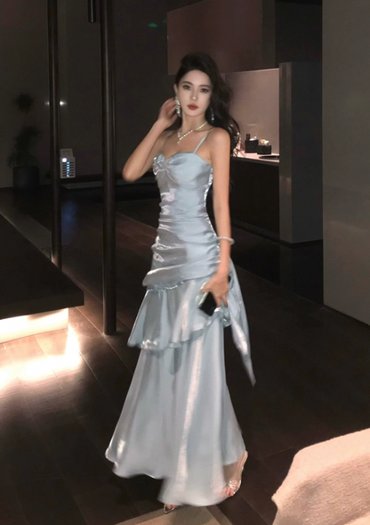 Vintage Blue Sweetheart Spaghetti Strap Mermaid Ruffled Hem Design Sexy Prom Dress Evening Dress TP4249