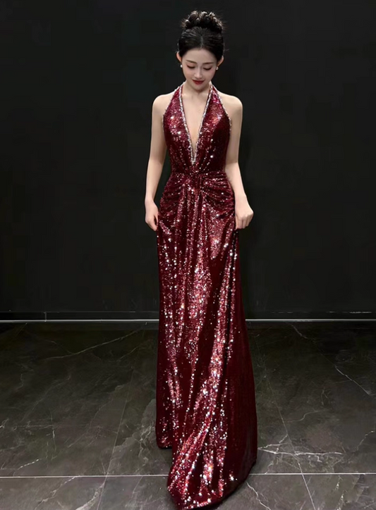 Elegant Burgundy Sheath Prom Dress V-neck Sequin Evening Gown Party Dress Long Formal Dress TP4796
