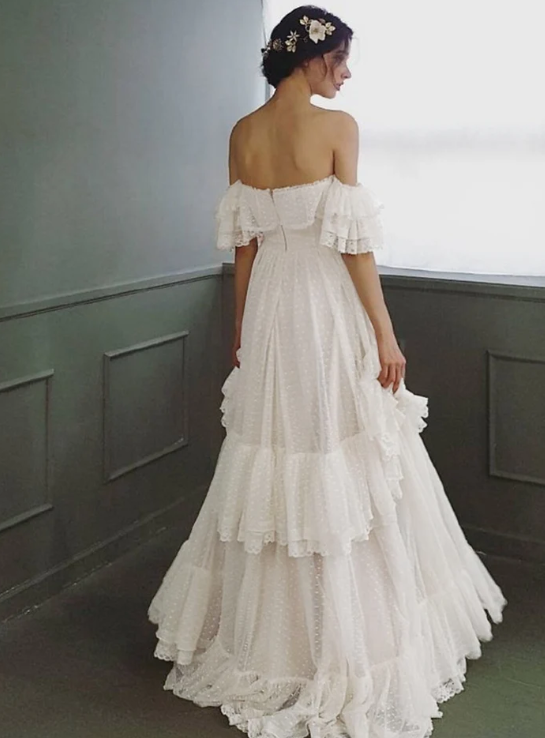 Elegant Ivory Lace Off-the-shoulder A-Line Tiered Wedding Dress TP4817