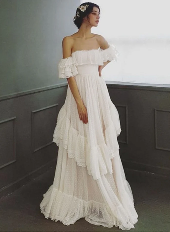 Elegant Ivory Lace Off-the-shoulder A-Line Tiered Wedding Dress TP4817