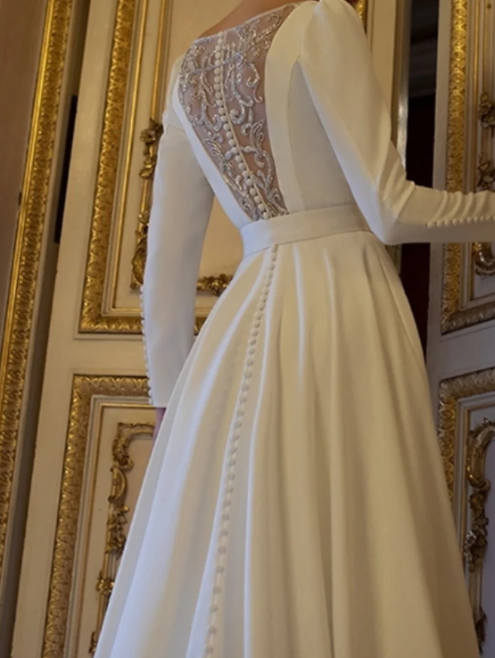 Elegant White Beaded A-Line  Long-sleeve Trailing Long Wedding Dress TP4828