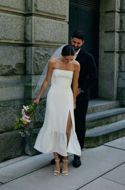 Elegant White Satin Strapless High Slit Sheath Wedding Dress TP4831