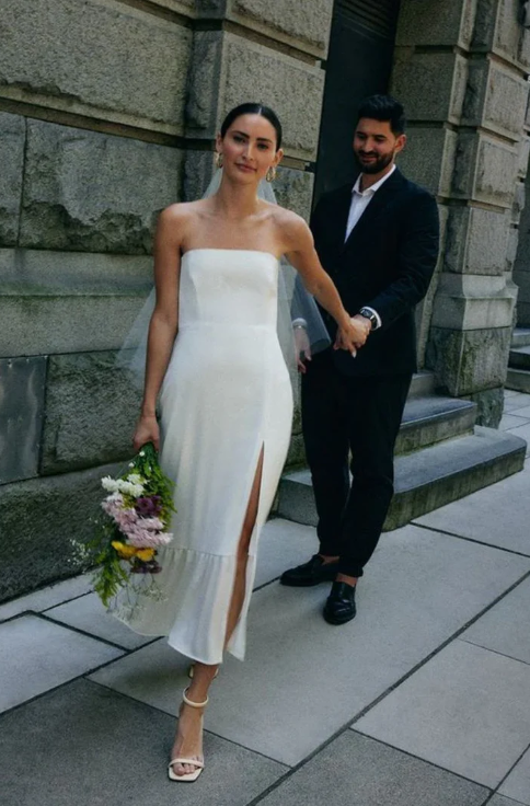 Elegant White Satin Strapless High Slit Sheath Wedding Dress TP4831