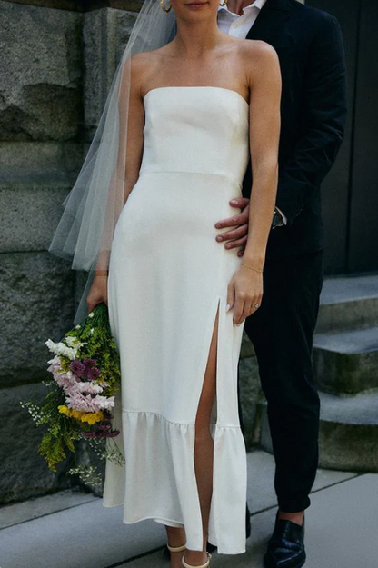 Elegant White Satin Strapless High Slit Sheath Wedding Dress TP4831