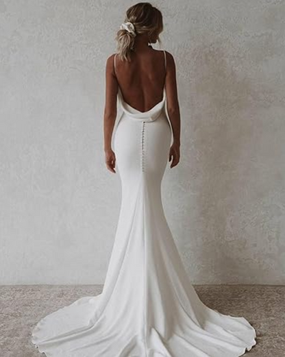 Elegant White Satin Straps V-neck Sheath Trailing Long Wedding Dress TP4832