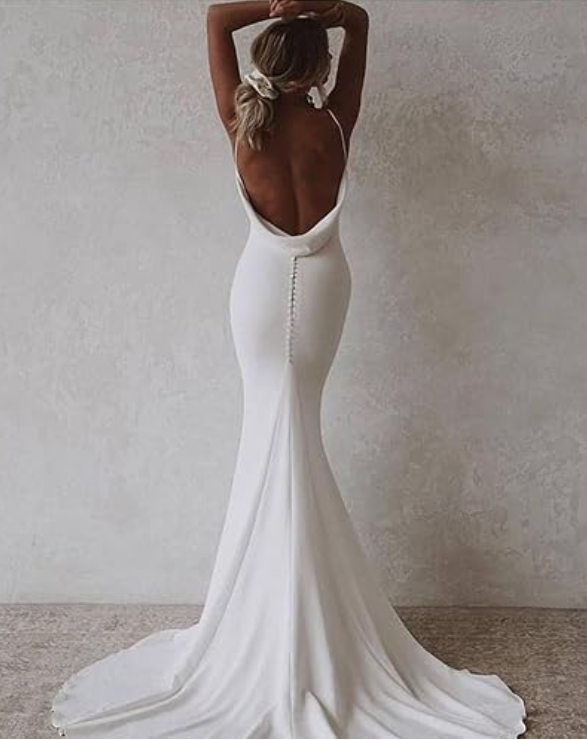 Elegant White Satin Straps V-neck Sheath Trailing Long Wedding Dress TP4832