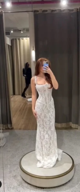 Elegant White Lace Spaghetti Strap Mermaid Trailing Long Wedding Dress TP4837