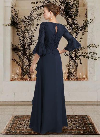 Elegant Navy Blue Embroidery Mother of Bride Dress Jewel Neck Evening Gown Ruffled Long Formal Dress TP4878