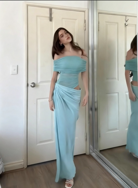 Chic Turquoise Sheath Evening Gown Off-the-shoulder Party Dress Tulle Long Formal Dress TP4927