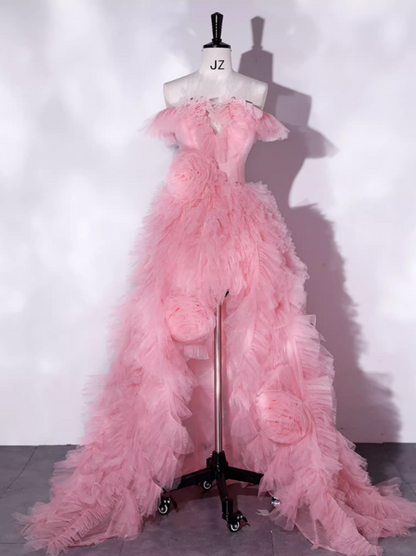 Vintage Pink A-Line Evening Gown Tulle Off-the-shoulder  Party Dress Long Formal Dress TP4940