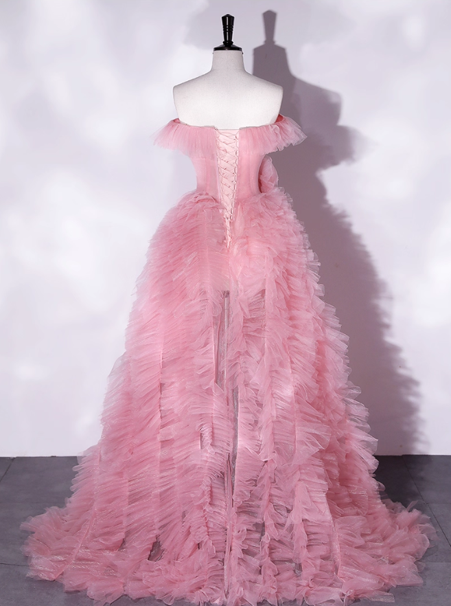 Vintage Pink A-Line Evening Gown Tulle Off-the-shoulder  Party Dress Long Formal Dress TP4940