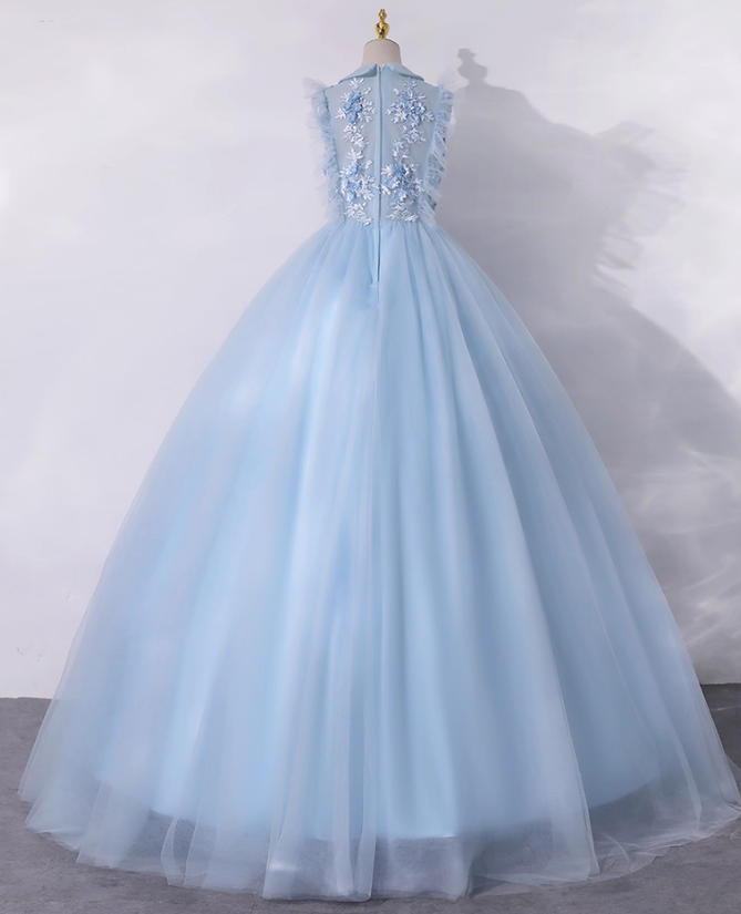 Vintage Sky Blue Applique Beaded A-Line Evening Gown Tulle Collar Party Dress Sleeveless Long Formal Dress TP4952