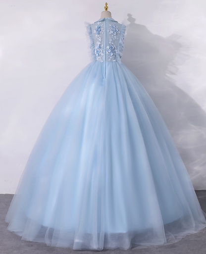 Vintage Sky Blue Applique Beaded A-Line Evening Gown Tulle Collar Party Dress Sleeveless Long Formal Dress TP4952
