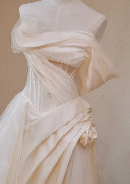 Gorgeous Ivory Satin Off-the-shoulder A-Line Long Wedding Dress TP5036