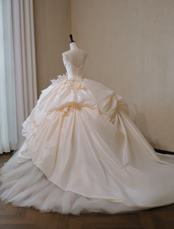 Gorgeous Ivory Satin 3D Flowers A-Line Strapless Long Wedding Dress TP5047
