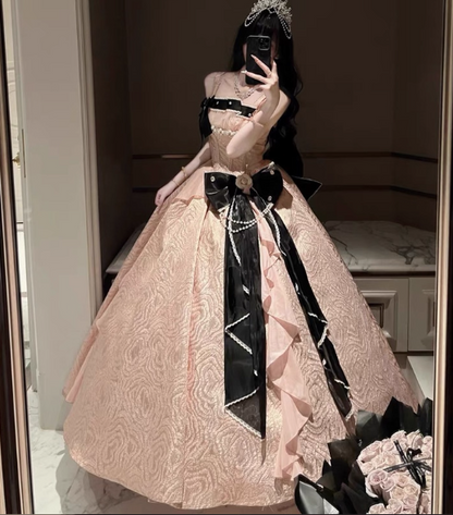 Vintage-Inspired Pink & Black Contrast Lolita Ball Gown – Bow & Pearl Embellished Princess Dress TP5068