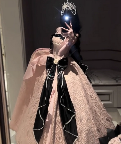 Vintage-Inspired Pink & Black Contrast Lolita Ball Gown – Bow & Pearl Embellished Princess Dress TP5068