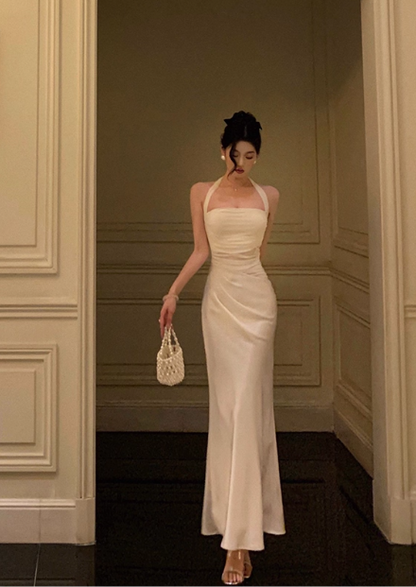 Elegant Cream Satin Halter Neck Sheath Ruched Evening Gown TP5118